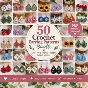 Puede incluir: Una colección digital de 50 patrones de pendientes de ganchillo con diversos diseños que incluyen flores, hojas, estrellas, borlas y formas geométricas en varios colores, presentada como un paquete de descarga PDF.