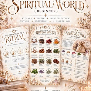 May include: A guide into the spiritual world beginner poster set featuring three informational sheets on ritual structure, herbs and spices, and sleep sachets. The design includes gold text, celestial motifs, and botanical illustrations.