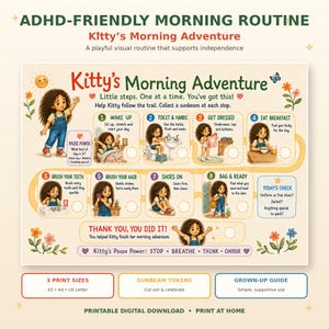 Ochtendroutinekaart voor kinderen met ADHD, printbaar visueel schema met zonnestraal-tokens