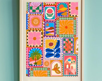 Lámina artística con sello de Marruecos: Póster de viaje floral abstracto