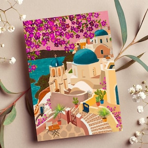 Carte de voeux vierge A6 | Coucher de soleil à Santorin | carte inspirée du voyage | Grèce Art | Carte Santorin | Carte pour amoureux des voyages | Carte de destination de voyage