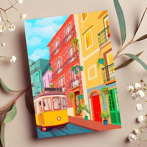 Carte de voeux vierge A6 | Impression de la ville de Lisbonne | Cartes inspirées du voyage | Art portugais | Tram 28 | Carte pour amoureux des voyages | Carte vierge de voyage