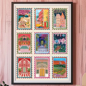Reiseziel Stempel | Briefmarken Kunstdruck | Original Kunst | Bunte Wandkunst | Wohnkultur | Einweihungsparty Geschenk | Reise-Liebhaber-Geschenk
