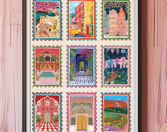 Travel Stamp Art Print: Santorini, Lisbon, Bali, Morocco