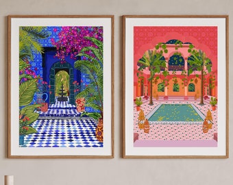 Morocco Art Print Set: Majorelle Garden & Riad - Colorful Home Decor