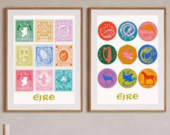 Vintage Irish Stamps & Coins Art Print Set: Colorful Irish History