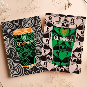 Cartes de voeux vierges Guinness | Impressions Guinness | Lot de 2 ou Lot de 4 | Motif artistique à trois spirales | Bague Claddagh | Cartes Irlande | Cadeau irlandais