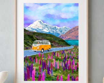 New Zealand Travel Print: Mount Cook, Lake Pukaki, Camper Van
