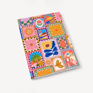 May include: A patterned notebook featuring a series of square illustrations. The designs include a sun, flowers, palm trees, and landscapes. The notebook has a white border and is angled. The measurements are not visible.