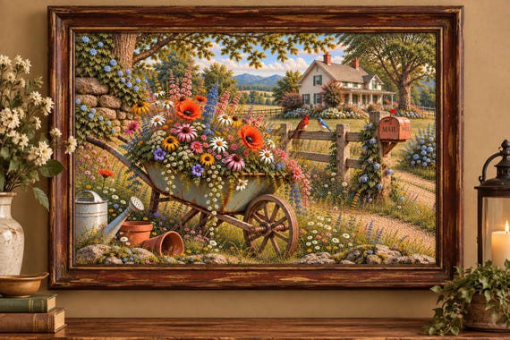 Antique flower filled wheel barrow sitting along side an old country road.