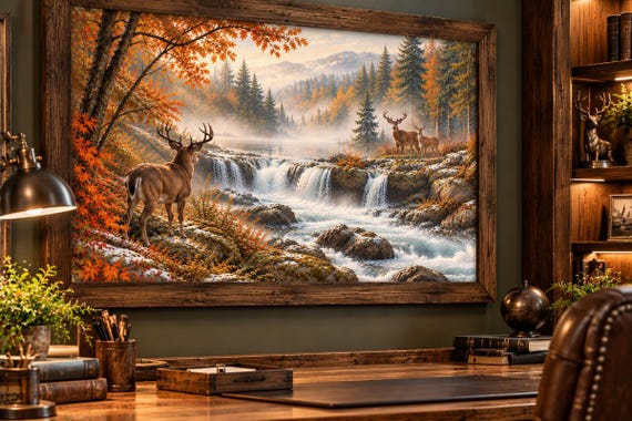 A misty morning gathering of deer near a waterfall.