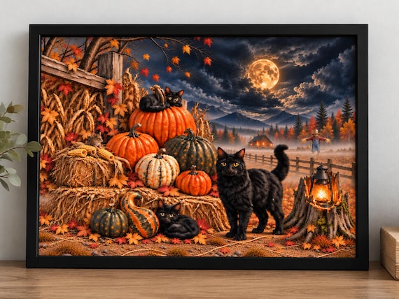 Halloween Farm Scene Print, Black Cats, Pumpkins, Scarecrow (Digital Download)