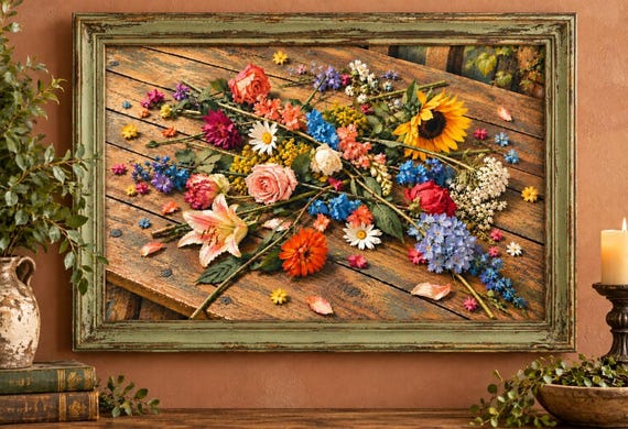 Rustic Scattered Wildflowers on Wooden Table: Country Garden Art (Digital Download)