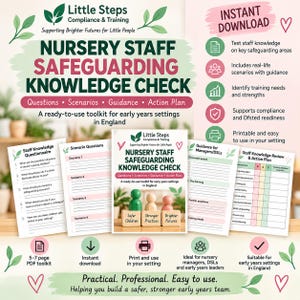 Op de afbeelding: Een digitale toolkit getiteld Nursery Staff Safeguarding Knowledge Check voor instellingen voor jonge kinderen in Engeland. Het bevat een vragenlijst, scenariovragen, richtlijnen voor managers en een actieplan, met groene en roze accenten.
