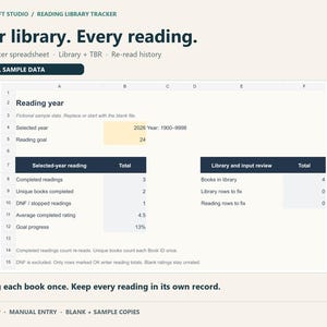 May include: A digital book tracker spreadsheet titled Your library. Every reading. by Signalcraft Studio. The interface displays a reading year dashboard with fields for selected year 2026, reading goal 24, and summary tables for reading totals and library review metrics.