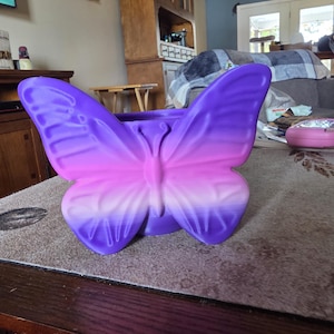 May include: A butterfly-shaped planter featuring a vibrant gradient color scheme that transitions from deep purple at the outer wing edges to a bright pink in the center, with a smooth, molded surface and a central circular opening for plants.