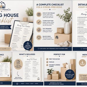 May include: A digital moving house checklist by The Home Move Co. featuring multiple panels with text, icons, and checklists for planning a move. The design includes brown cardboard boxes, a white vase with greenery, and a PDF download icon.