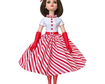 Candy Cane Day  for Ellowyne Wilde: Dress, Petticoat, Stockings, Gloves, Hair Accessory, jewelry packaged in it's own case