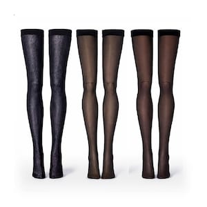 May include: Three pairs of over-the-knee stockings displayed side-by-side. The first pair is black with a textured, shimmering finish. The second and third pairs are sheer black stockings, each featuring a solid black band at the top hem.
