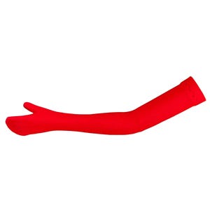 May include: A single, bright red arm sleeve, extending from the fingertips to the upper arm. The sleeve is made of a smooth, likely stretchy material, and is set against a plain white background. The sleeve is a solid, vibrant red.