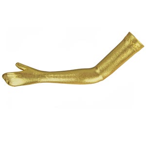 May include: A golden arm sleeve, likely for costume or fashion purposes, is displayed against a white background. The sleeve is textured and appears to be made of a metallic fabric. The arm is bent at the elbow and the hand is open.