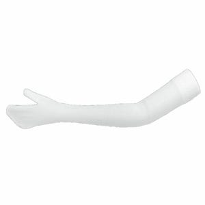 May include: A white compression sleeve with a hand-shaped design. The sleeve is made of a ribbed fabric and extends from the hand to the upper arm. The hand portion has a separate section for the thumb.