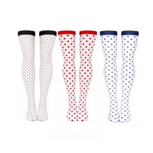 May include: Six pairs of patterned tights in a row. The tights have a white base with polka dots in black, red, and blue. The tops of the tights have a scalloped or solid trim in matching colors.