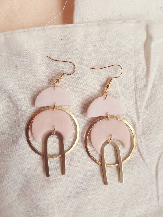 ATHENA Rose Quartz Geometric Polymer Clay Brass Statement Earrings