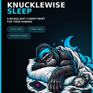 Könnte beinhalten: Ein Buchcover mit dem Titel KNUCKLEWISE SLEEP, A NO-BULLSHIT 14-NIGHT RESET FOR TIRED HUMANS. Es zeigt einen schwarzen Gorilla mit blauer Schlafmaske, der auf einem weißen Kissen unter einem blauen Halbmond schläft. Ein Smartphone und ein Wecker liegen daneben.