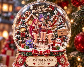 2D FLAT Kpop Demon Hunters Christmas Ornament 2026, Personalized Huntrix Snow Globe Ornament, Custom Name Kpop Fan Gift, Christmas Decor