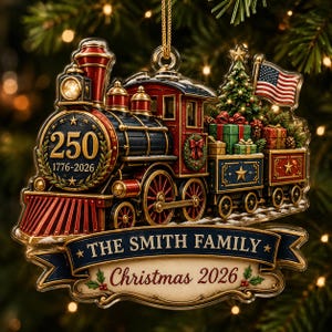 Zweidimensionaler, flacher USA-Weihnachtsschmuck zum 250. Jahrestag (1776–2026), personalisierbar mit Familiennamen, Erinnerungsstück zum 250. Jahrestag Amerikas, patriotisches Geschenk mit Eisenbahnmotiv