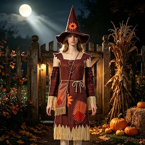 May include: A brown scarecrow-themed costume featuring a pointed hat with an orange sunflower, a dress with a lace-up bodice, plaid sleeves, and a matching crossbody bag. The dress is decorated with orange and red patches and tan fringe trim.