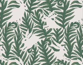 Baltic Woodland - Wild Hares by Maria Galybina for Cloud 9 Fabrics - Organic Quilting Cotton Fabric - Green Fern
