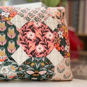 Close-up of the honeycomb-shaped patchwork blocks created with the stitch-and-flip technique.