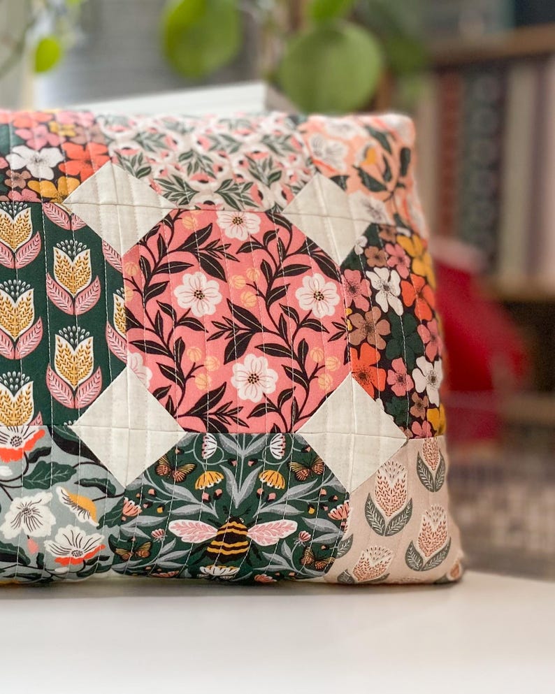 Close-up of the honeycomb-shaped patchwork blocks created with the stitch-and-flip technique.
