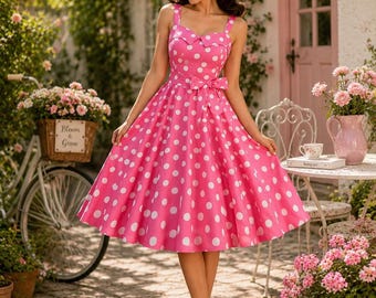 Vintage Polka Dot Fit and Flare Midi Swing Dress