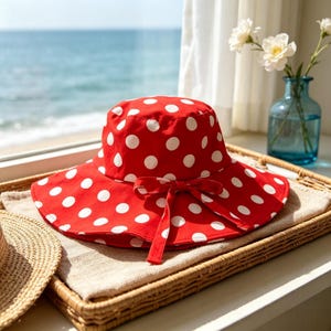 May include: A bright red bucket hat featuring a repeating pattern of white polka dots. The hat has a wide, flexible brim and a matching red fabric ribbon tied into a bow at the front base of the crown, providing a classic and simple design.