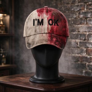 Peut inclure: Une casquette de baseball avec une finition vieillie et usée, présentant un design bicolore beige et rouge foncé. Le texte I'M OK est brodé en lettres noires audacieuses sur les panneaux avant. La casquette a une visière courbée et des coutures.