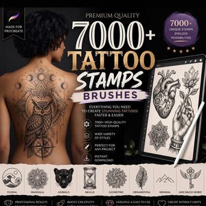 May include: A digital collection of 7000+ tattoo stamp brushes for Procreate. The image displays a back tattoo of an owl and geometric shapes, a tablet screen showing anatomical heart and hand illustrations, and various icons for floral, mandala, animal, skull, geometric, ornamental, minimal, and key designs.