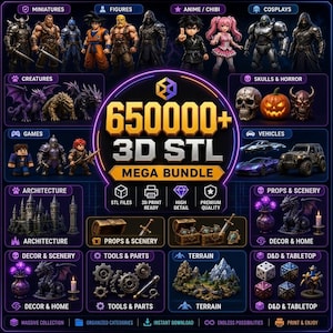 Puede incluir: Un anuncio digital para un megapaquete de más de 650,000 archivos STL 3D que presenta varias categorías de modelos imprimibles, incluyendo miniaturas, figuras de anime, criaturas, calaveras, vehículos, arquitectura, accesorios, escenarios y dados.