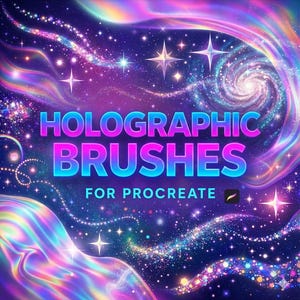 Könnte beinhalten: Eine digitale Grafik mit dem Text HOLOGRAPHIC BRUSHES FOR PROCREATE vor einem lebendigen kosmischen Hintergrund. Das Bild zeigt wirbelnde irisierende Wellen, leuchtende Sternenexplosionen und eine Spiralgalaxie in Violett- und Blautönen.