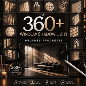 Könnte beinhalten: Eine digitale Sammlung von 360+ Fenster-Schatten-Licht-Pinseln für Procreate, mit verschiedenen Lichtmustern, einem Wohnzimmer-Interieur mit Sonnenlicht-Schatten auf einem Sofa und einem Eingabestift auf einem Tablet.