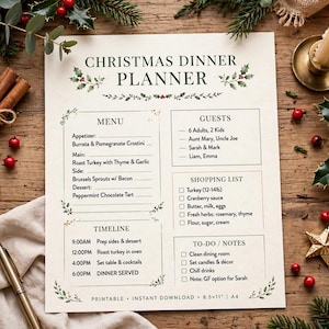 May include: A cream-colored Christmas Dinner Planner sheet featuring sections for menu, guests, shopping list, timeline, and notes. The text includes headings like CHRISTMAS DINNER PLANNER and lists items such as roast turkey and peppermint tart.