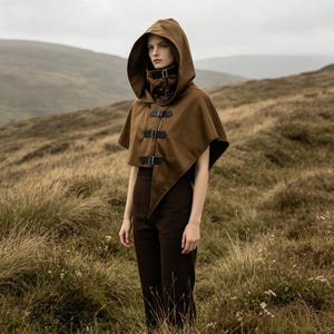 May include: A brown hooded cape featuring a high collar with a buckle closure and three additional black buckle straps down the front. The garment is constructed with a pointed hemline and is worn over dark brown trousers in a natural landscape.