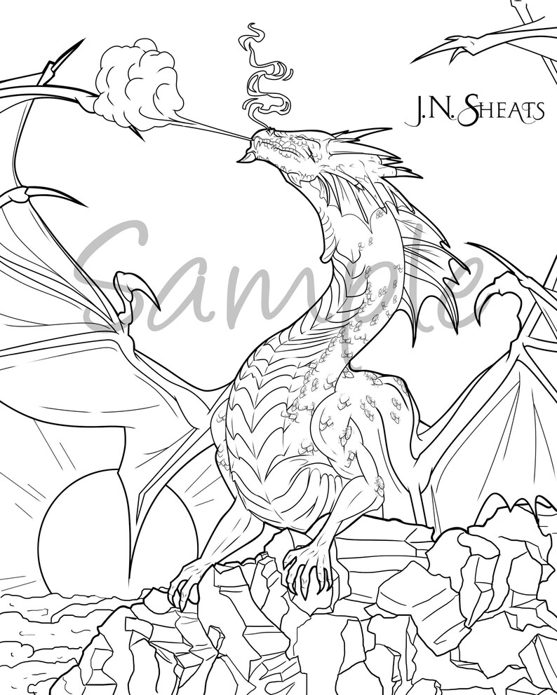 Fantasy Dragon On Cliff At Sunset Coloring Page Download Single Page image 1