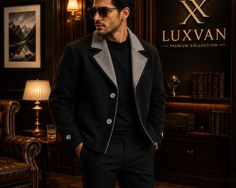 Luxvan Men's Black Tailored Coat, Gray Contrast Lapel, Formal Winter Outerwear