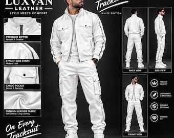 Conjunto de agasalho masculino branco, jaqueta com zíper frontal, calça jogger, estilo streetwear casual.