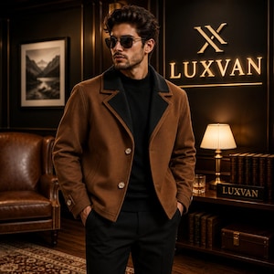 May include: A brown wool-blend jacket featuring a black notched collar, two front buttons, and buttoned cuffs. The jacket is worn over a black mock-neck sweater and black trousers. The wearer is also sporting dark-tinted sunglasses.