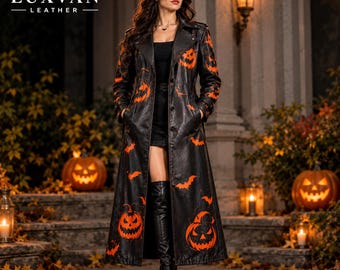 Casaco longo gótico feminino de couro LUXVAN para o Halloween, com estampa de abóbora e morcego.