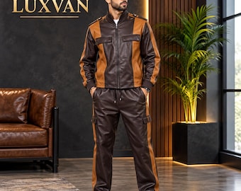 Conjunto de agasalho masculino bicolor em couro, jaqueta e calça estilo streetwear casual.